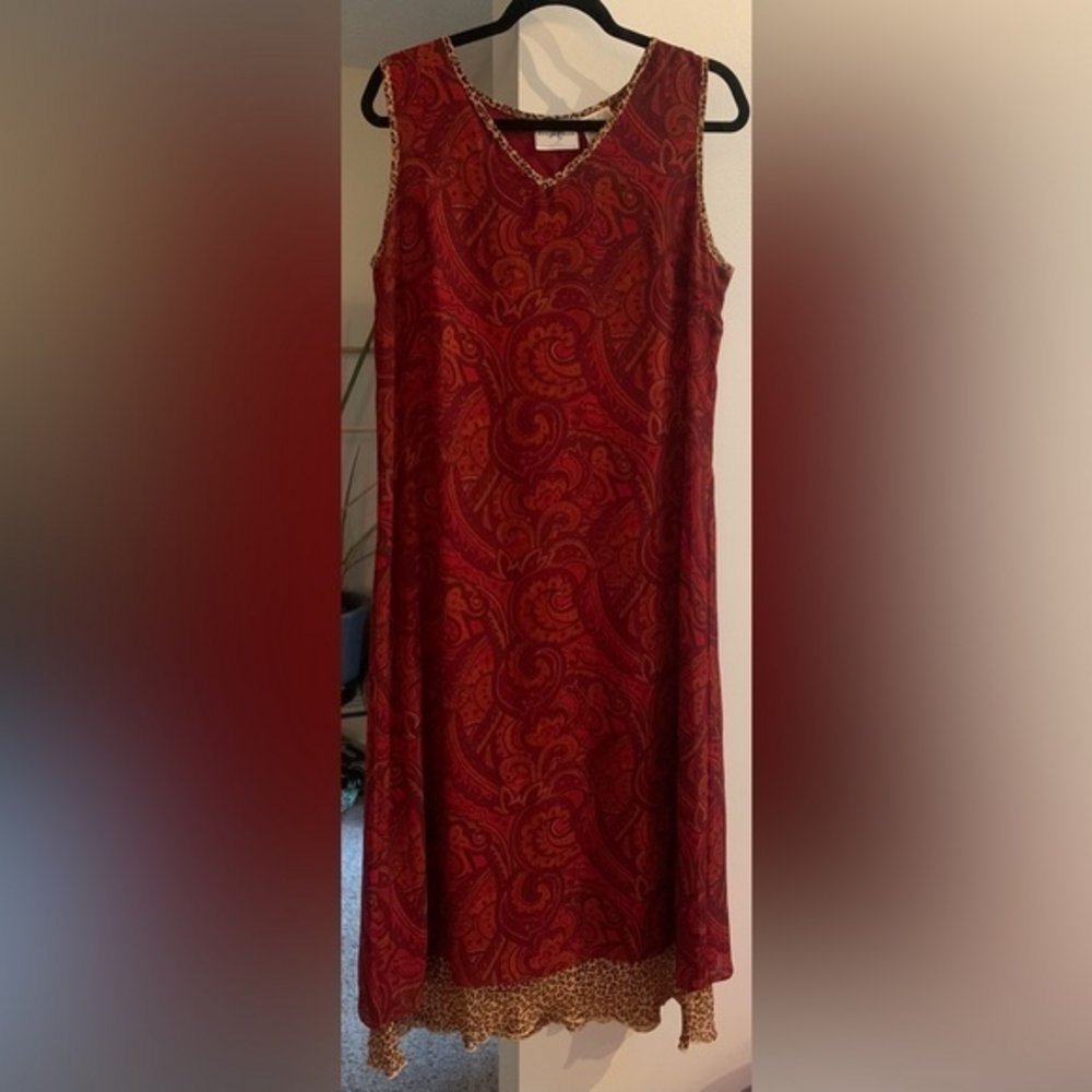 Vintage Studio Ease Paisley Print V Sleeveless Maxi Dress Large Red Leopard Trim